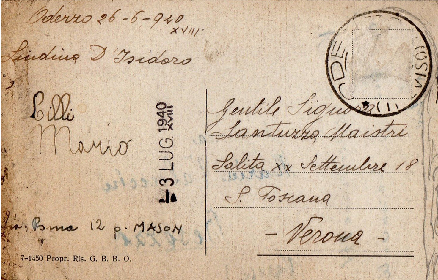 oderzo via umberto primo cartolina viaggiata 1940 (retro)