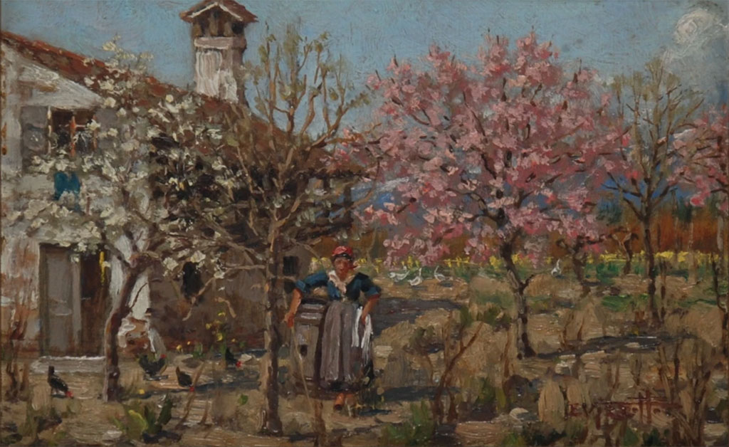 Enrico Vizzotto Alberti - Contadina con alberi in fiore